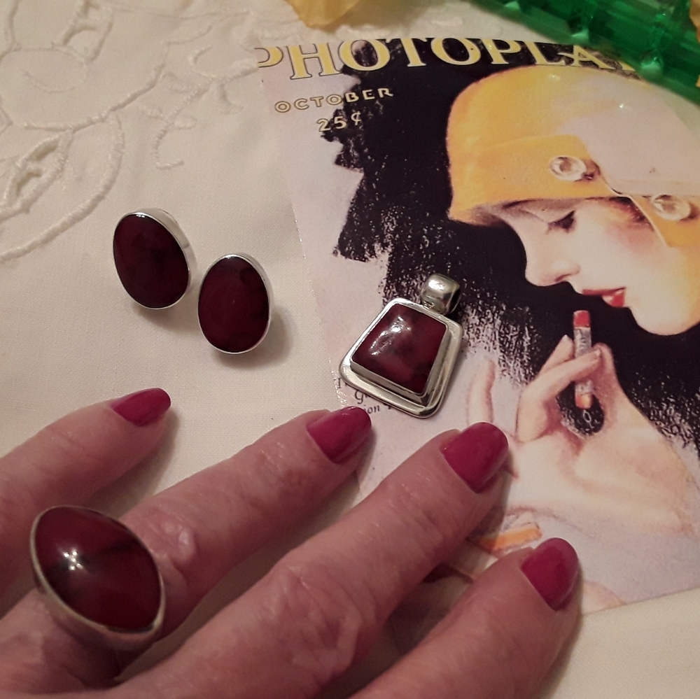 VTG 925 SOLID STERLING "3 PIECE SET RED JASPER" - Picture 3 of 8